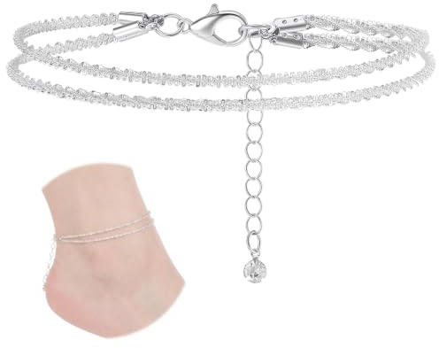 Cobee Silver Anklets for Women, Double Layer Adjustable Ankle Bracelet Waterproof Beach Foot Chain Layered Anklet Chain for Summer