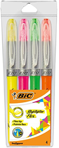 BIC Highlighter Flex Surligneurs à Pointe Souple et Flexible - Couleurs Fluo Assorties, Blister de 4