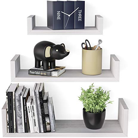 SRIWATANA Floating Shelves, Solid Wood and U-Shaped, Modern Wall Shelves Set of 3, Wall Mounted Display Shelf for Bedroom, Living Room, Kitchen and Office (White)