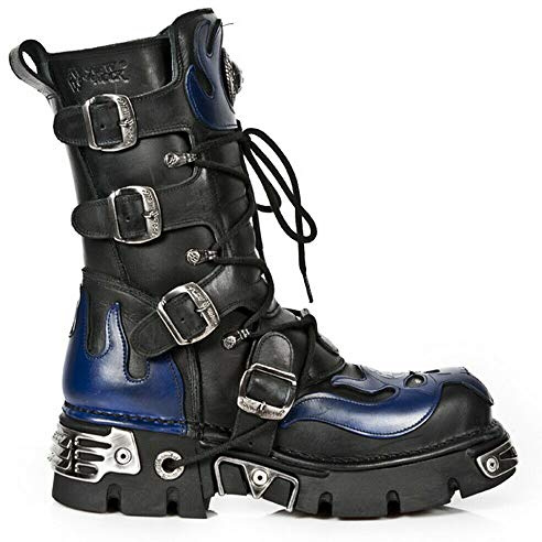 New Rock 107-C5 Botas Unisex en Cuero Azul y Negro con Calavera Gótica Estilo Motociclista Punk 36
