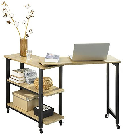 SoBuy FWT83-N L-förmiger Beistelltisch mit 2 Ablagen Sofatisch mit Rollen Couchtisch Eckschreibtisch Computertisch Arbeitstisch Industrie-Design BHT ca.: 133x69x30cm
