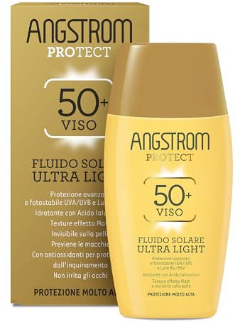 Angstrom Protect Fluido Solare Ultra Light Viso SPF 50+, Protezione Fotostabile UVA/UVB e Luce Blu/HEV, Con Acido Ialuronico, 40 ml