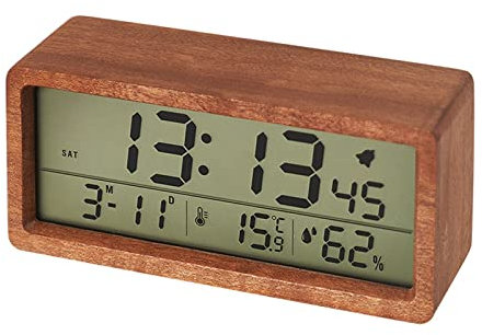 SANON Sveglia digitale alimentata a batteria in legno LCD con retroilluminazione Snooze temperatura e umidità per camera da letto dormitorio
