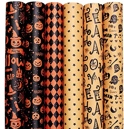 Papel Envolver Regalo,papel de Navidad, papel Kraft reciclable Juego de 6 Hojas de Papel de Halloween,Papel de Regalo Kraft Marrón Halloween para Regalo Envoltura de Regalo Vintage Perfecta(6 Diseños)