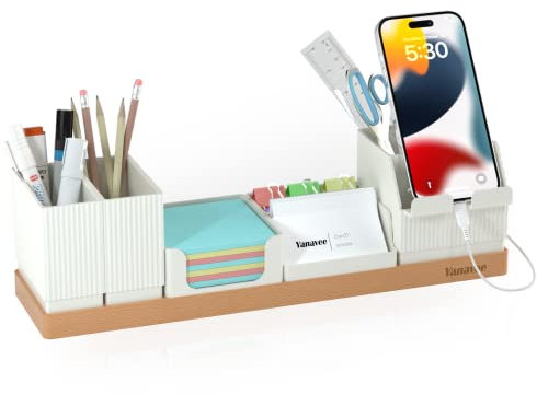 Yanavee Schreibtisch Organizer, Schreibtischorganizer Holz Büro Organizer Einstellbaren Stifthalter, Telefonständer, Visitenkarteninhaber, Bleistiftschale, Platzsparende Desk Tisch Organizer,Weiß
