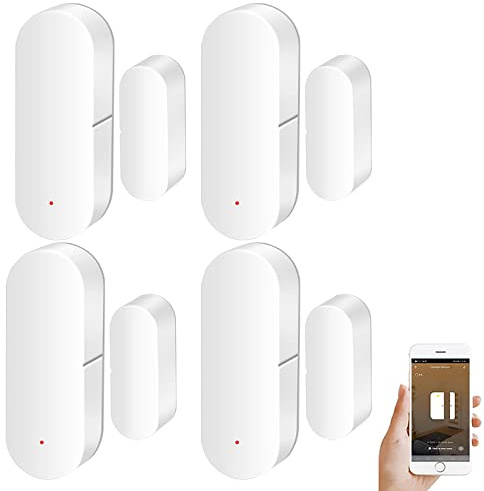 Dörr- och fönstersensor: Smart Tuya dörrsensor, gratis app, realtidsvarningar, trådlöst WiFi, fönsterkontaktsensor för hemsäkerhet och smart hemautomatisering, stöd för Alexa, Google Assistant (4-pack)