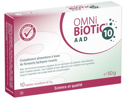 OMNi-BiOTiC 10 AAD | Probiotique | Pendant & après les antibiotiques | Équilibre intestinal | 10 souches bactériennes | 10 milliards d’UFC | 10 sachets | En poudre | Contient de l'inuline