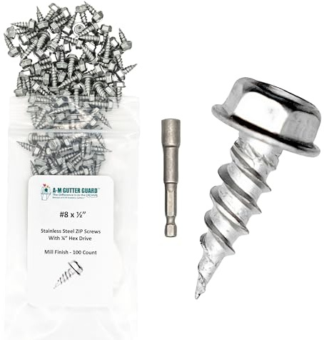 A-M Gutter Guard - 1/2 #8 Stainless Steel Zip Screws - Self-Piercing Xtra Sharp Tip - Mill Finish - 1/4 Hex Washer Head –100 Pack-Includes 1/4 Magnetic Hex Driver – for Gutter Install