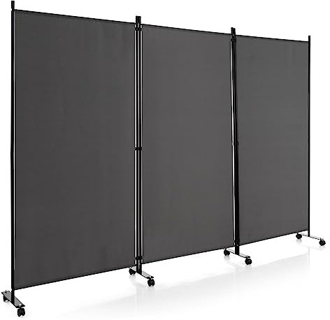 GOPLUS Biombo Separador de Ambientes de 3 Paneles con Ruedas Bloqueables, Separador de Ambientes Plegable para Privacidad, Biombo de Tela con Marco de Metal para Salón, Dormitorio (Gris, 262x180cm)