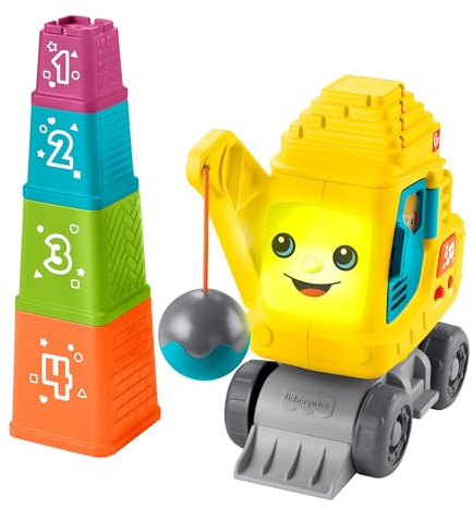 Fisher-Price Grúa Cuenta y Apila Juguete con luces y sonidos para aprender a contar con bloques para apilar con números, bebé +9 meses, Versión: Inglés, UK; Francés; Alemán, HXF48