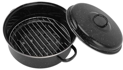 Roasting Pan with Lid, Oval Black Covered Oval Roaster Pan with Lid Enamel Roaster with Roaster Rack Enamel on Steel Roasting Pan Small Cookware for Turkey, Small Chicken, Roast Baking Pan(28CM)
