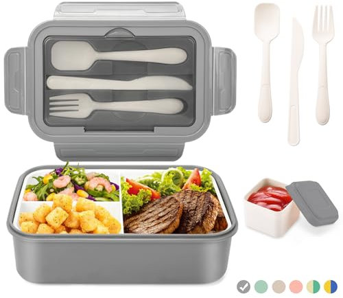 LUZOON Lunchbox Bento Box Brotdose Erwachsene 1400ml mit 3 FäChern für Kinder inkl. Besteck Jausenbox für Mikrowellen Und SpüLmaschinen, Schule Arbeit Picknick Reisen (Grau①, 1400ml)