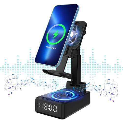 SHGUMITE Handy-Ständer mit Bluetooth-Lautsprecher,unterstützt 15 W kabelloses Laden, HD-Surround-Sound und Wecker, Handy-Ständer Bluetooth-Lautsprecherhalter für Telefon, Tablet