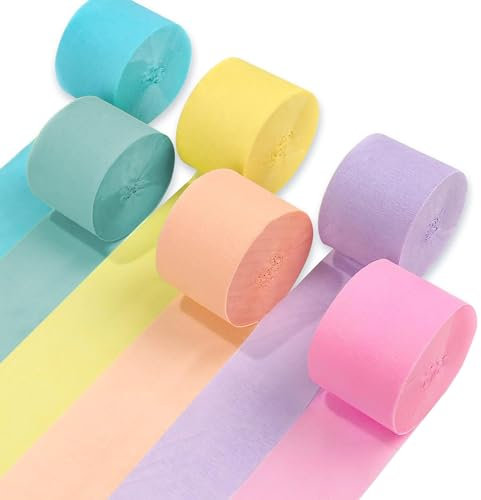 Krepppapier 6 Rollen, Macaron Krepppapier Bunt, Krepp Papier für Partydeko, Geburtstagsdeko, Hochzeitsdekorationen, 4,5 cm x 25 m, Macaron