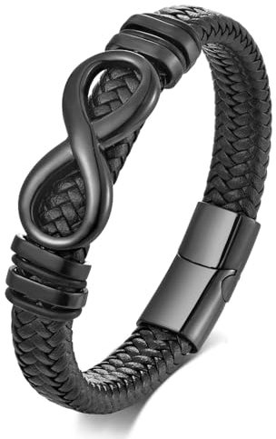 Gkmamrg Armband Herren - Geschenk für Männer - Infinity Lerderarmband - Leder Armreif schwarz - geflochten Echtleder Breites Wickelarmband mit Magnet Verschluss