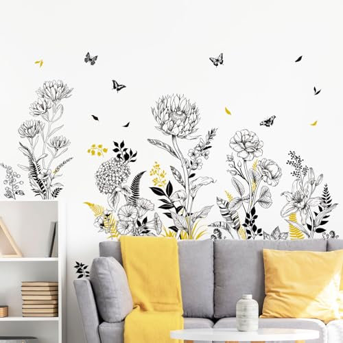 Supzone Adesivi Murali - Decorazione Parete con Fioretti Gialli e Neri, Motivo Naturale, Adesivi da Parete Autoadesivi Rimovibili per Soggiorno e Camera da Letto, Vetrofanie Primavera