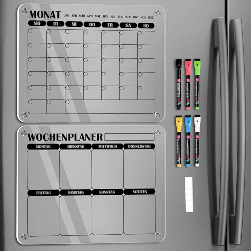 BIROYAL 2pcs Magnetic Monatsplaner und Wochenplaner Abwischbar 2026, 40 x 30 cm Magnettafel Kühlschrank Acrylic, Magnettafel Kalender Acryl mit 6 Markers für Haushaltsplan, Essensplaner