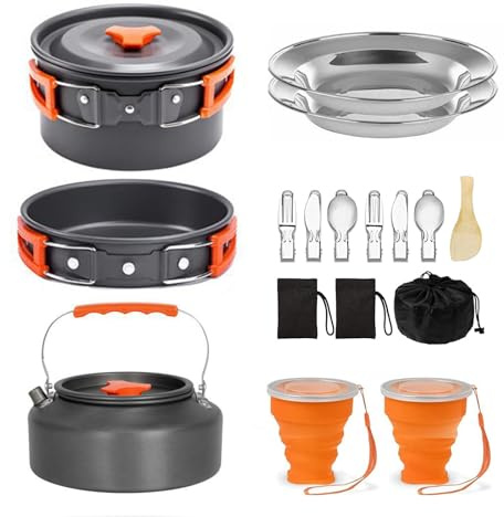 Camping Cookware Camping Cooking Set, Non-Stick Hard-Anodized Aluminum Pot & Pan with Kettle, 2 Forks Knives Spoons, 2 Plates & Folding Cups, Compact Backpacking Cookware for 2-3 People, Camping Gift