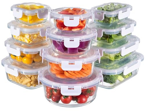 MFY 12-Pack Glass Containers with Lids, Reusable Meal Prep Containers, Leak-Proof, Airtight Glass Food Storage Containers with Lids, Safe for Microwave, Oven, Freezer, and Dishwasher White