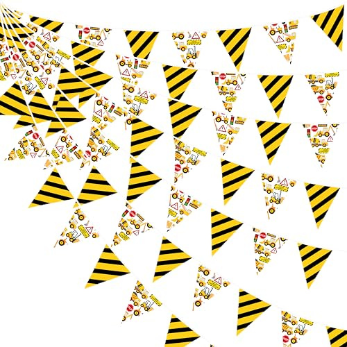32Ft Yellow Black Construction Themed Print Fabric Bunting Banner Construction Party Decorations Triangle Flag Pennant Garland Streamer for Kids Dump Truck Birthday Excavator Tractor Baby Shower Party