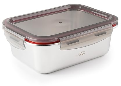 LACOR - 64612 - Contenitore per alimenti Ecoinox rettangolare, acciaio inox 18/10, 1800 ml, Adatto per microonde, forno, congelatore e lavastoviglie, Ermetico, 4 Chiusure a clip, BPA Free
