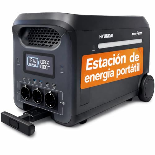 HYUNDAI Estación de Energía Portátil 3000W con Carga Rápida 1,7h - Power Station con App y Batería Expandible - Generador Solar con SAI para Emergencias - Batería LiFePO4 Robusta y Silenciosa