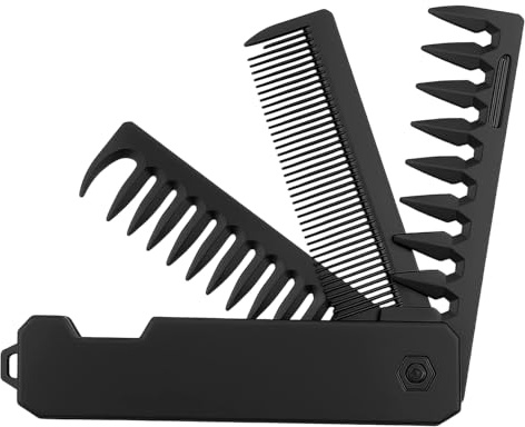 Peigne Pliable 3 in 1 Pour Hommes, Peigne Portable Avec Dents Fines et Dents Larges, Coiffage de Barbe et Moustache, De Voyage Rabattable, Compact Pour Entretien Quotidien des Cheveux et de la