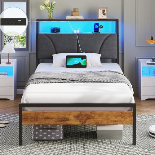 DICTAC Single Bed Frame with Upholstered Storage Headboard, Stable and Sturdy Metal Bed Frame with Charging Station & LED Lights, 90x190 cm Platform Bed Frame No Box Spring Needed, Noise Free, Modern