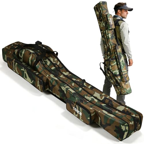EnGiTores Bolsa portátil y plegable para carrete de caña de pescar, 3 capas160 cm con organizador de carrete y múltiples bolsillos, impermeable, ideal como regalo para pescadores