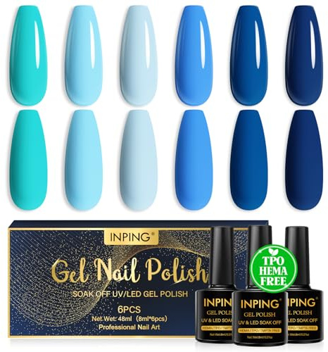 INPING UV Nagellack, HEMA-FREE TPO-FREE, 6 Farben Himmelblau Hellblau Seeblau Gel Nagellack Set, Frühling Sommer Soak-Off UV/LED Gel Nail Polish Gellack für Frauen Nail Salon DIY, 8 ML