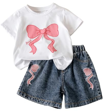 Eqenkely Conjunto Ropa para Niña Tee Shirt de Manga Corta y Pantalones Cortos Vaqueros Traje de Verano Conjuntos Moda Ocio dos Piezas para Niño Blanco 6 Años