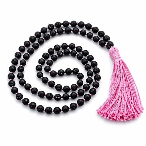 INFINITY GEMS Naturlig svart lavasten 108 mala-pärlor halsband 6 mm handknuten meditation yoga bön Mala med rosa tofs