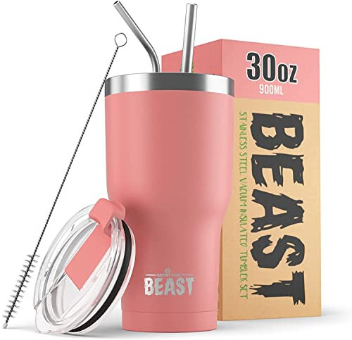 Beast Thermobecher 900 ml - Blüte I Mehrweg Thermo Kaffeebecher To Go mit 2 Strohhalmen & Reinigungsbürste I Doppelwandiger Trinkbecher aus Edelstahl I Perfekt für Kaffee oder Eiskaffee I BPA-frei