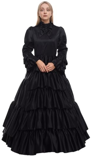 GRACEART Women Medieval Victorian Goth Witch Costume Renaissance Vintage Ruffles Ball Gown with Crinoline and Belt (M, Black)