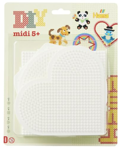 Hama Perlen 4580 Große Stiftplatten 4er Set für Midi Bügelperlen mit Durchmesser 5 mm, Motive Kreis, Herz, Viereck und Sechseck in weiß, kreativer Bastelspaß für Groß und Klein
