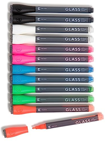 U Brands Fine Tip Liquid Glass Whiteboard Markers with Eraser for Glass Boards, Dry Erase Boards, and Chalk Boards, Assorted Bright Colors, Set of 12