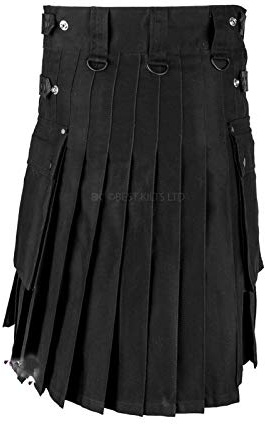 Tartan Utility Kilts för män Tartan Kilt med läderremmar och stora lastfickor (svart, 3XL)