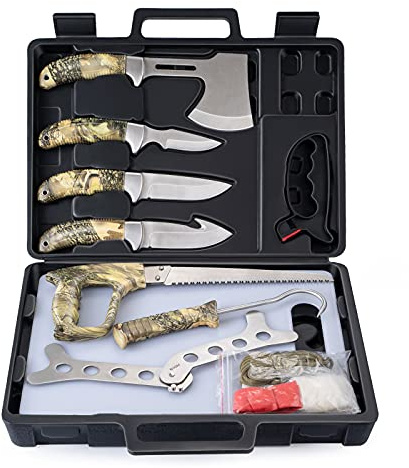 GVDV Hunting Knife Set - Deer Field Dressing Kit, Game Processor Set With Gut Hook Skinner, Spreader, Gloves - 14 Pieces Hunting Knives for Men for Christmas Presents