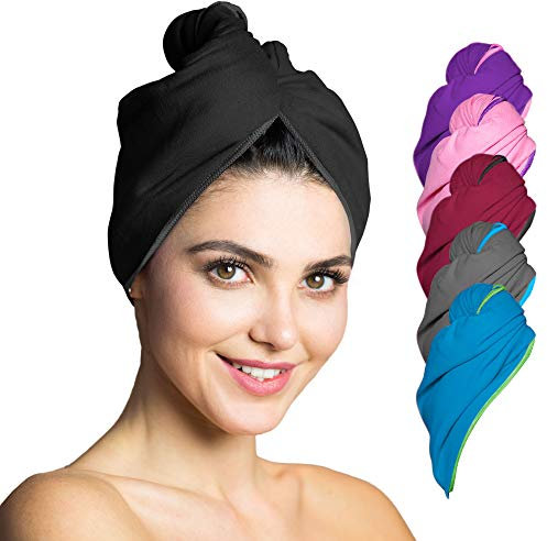 Fit-Flip Haarturban Mikrofaser - 2 Stück Haarhandtuch mit Knopf - schnelltrocknend und saugstark - Microfaser Kopf Turban - Haar Handtuch (schwarz)