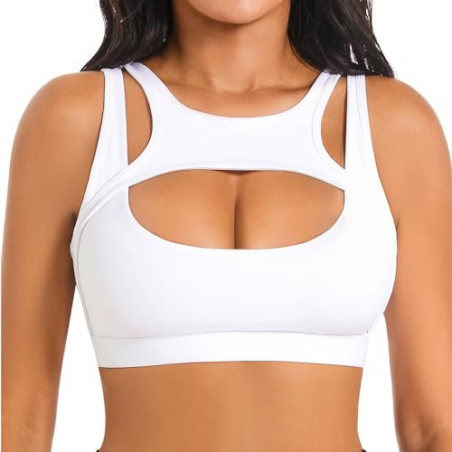Push-up Sport-BH für Frauen Sexy Hollow Crop Tops mit abnehmbaren Cups Workout Running Medium Support Bra,Weiß,M