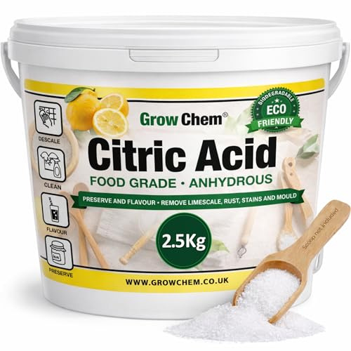 Grow Chem Citric Acid (2.5Kg Bucket) – Pure Anhydrous, Food Grade Citric Acid for Cleaning, Descaling, Food Preservation, Flavouring and making Bath Bombs.