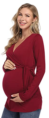 KOJOOIN Maternity Tops for Women V-Neck Breastfeeding Top Long Sleeve Nursing T Shirt Maternity Clothes Wine Red-02 L
