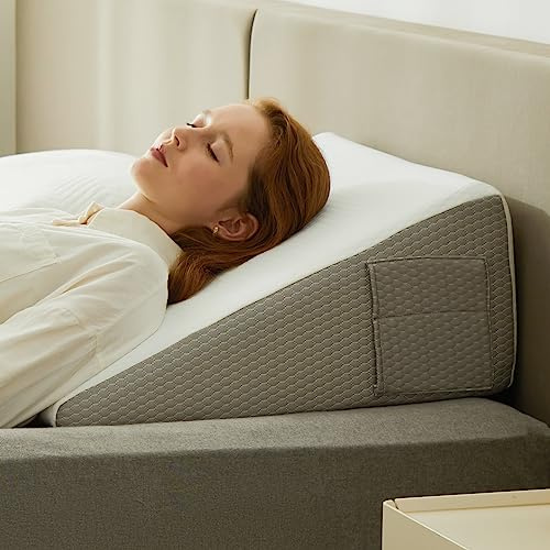 Bedluxe Almohada de cuña de 20 cm para cabecero, Alivio de reflujo ácido, Dolor de Espalda y ronquidos, con Espuma viscoelástica refrescante, Blanco/Gris
