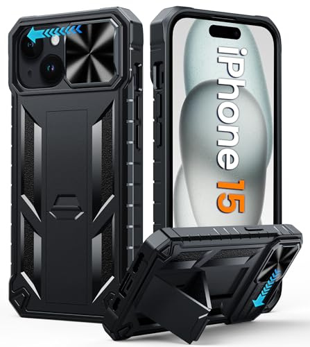FNTCASE for iPhone 15 Case: Rugged Military Grade Full Protection Shockproof Protective Case with Kickstand | TPU Matte Textured Heavy Duty Hard Bumper Phone Cover for iPhone 15 6.1 Black