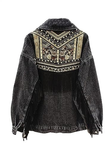 Giubbino Donna Con Nappa Boho Ricamo Floreale, Giacca Di Jeans Con Frange In Pelle Scamosciata, Top Su Misura Elasticizzati Con Bottoni Trucker, Cappotto In Denim Cardigan