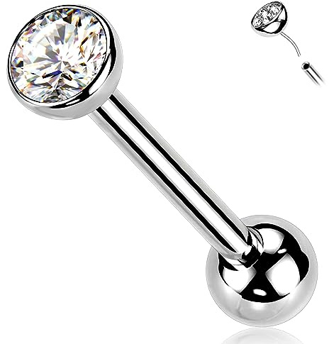 Melighting Titanum Tongue Ring 14G Threadless Push in Tongue Piercing Jewelry Solid Titanium G23 Tongue Barbell Clear CZ Opal Tongue Jewelry for Women