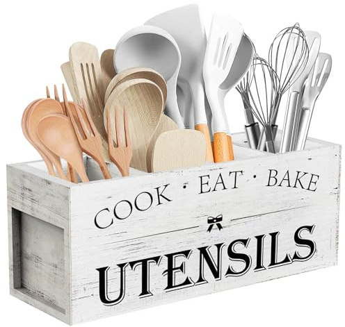 Suli Porte Ustensiles de Cuisine Bois,4 Compartiments,Grain Blanc