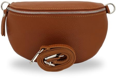 BRISE Bauchtasche Damen Echtleder SAHEL Silber Handgemachte Umhängetasche Crossbody Bag Hüfttasche mit Ledergurt Schultertasche Gürteltasche Made in Italy (Cognac Braun-Silber 1)