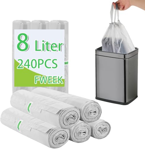 FWEEK 240 stycken soppåsar, 8 l, vit, liten sopsäck med dragsko, sopsäckar med dragband för 8 l – 10 liters soptunna, 8 rullar