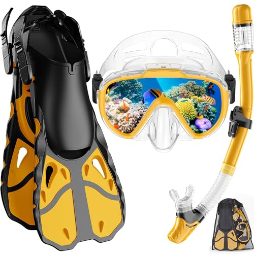 Vengreedo Snorkel Set with Fins for Adults, Snorkeling Gear with Mask, Snorkel, Fins, Dry Top Snorkel Mask Combo Set with Travel Bag for Snorkeling, Diving, Swimming